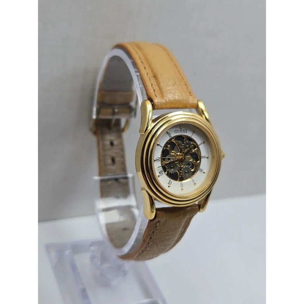 Vintage Guess Womens Skeleton Dial Gold Tone Leather Designer Watch New Battery